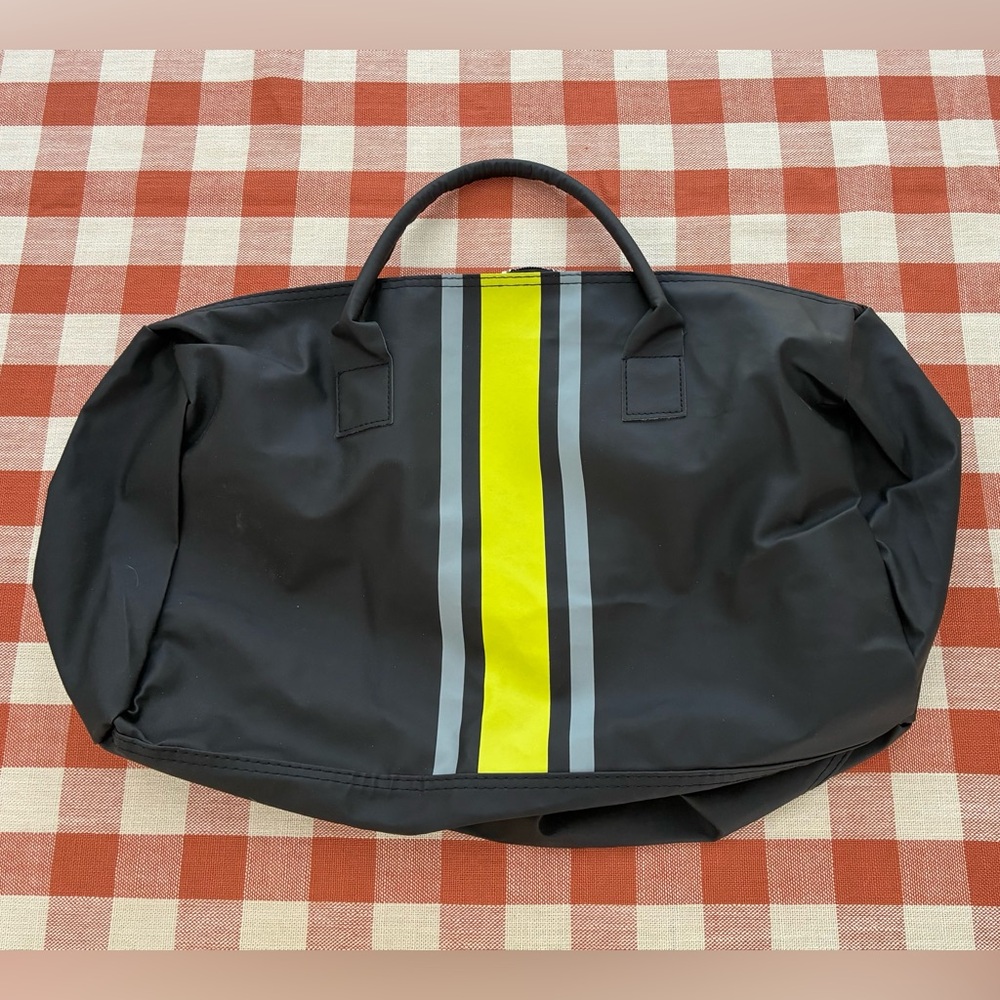 Men’s Small Duffel Bag with Neon Yellow Center Stripe and Gray Side Stripes.New.